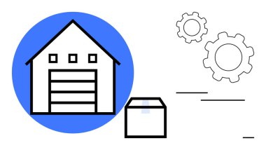 Depo ve vitesler depo, lojistik ve işlem otomasyonunu sembolize ediyor. E-ticaret, envanter, nakliye, imalat, teknoloji, lojistik stratejisi için ideal basit iniş sayfası