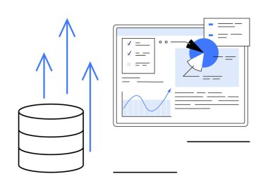 Veritabanı, yukarı bakan oklar, grafikleri, pasta grafiklerini ve veri eğilimlerini gösteren analitik gösterge paneli. Veri yönetimi, analitik, iş eğilimleri, görselleştirme istatistikleri için ideal