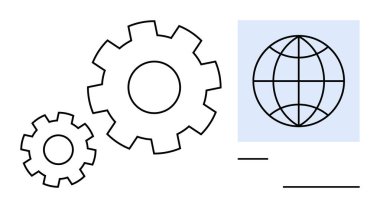 Takım çalışmasını, yenilikleri ve küresel operasyonları temsil eden minimalist bir arka planda, bir ızgara küresinin yanında birbirine bağlı vitesler. Teknoloji, strateji, mühendislik, ağ oluşturma ve işbirliği için ideal