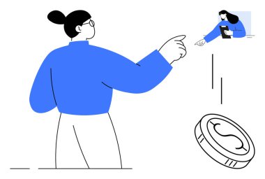 Kadın bir madeni paraya doğru hareketler yapıyor, elinde tablet olan bir meslektaşla sanal bir tartışmaya girişiyor. Finans, takım çalışması, uzaktan çalışma, yatırım, teknoloji, eğitim için ideal