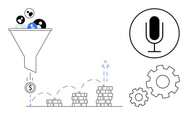 Huni filtreleme madeni paralara, oklarla büyüyen bozuk paralara, mikrofon renklendirme iletişimine, otomasyonu sembolize eden viteslere yol açar. Pazarlama, satış, finans ve teknoloji için ideal