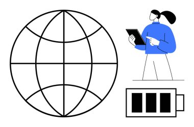 Bir tabletin yanında elinde teknoloji, bağlantı ve enerjiyi temsil eden bir tablet ve pil simgesi tutan bir kadın. Sürdürülebilirlik, yenilik, teknolojik çözümler, dijital dönüşüm için ideal