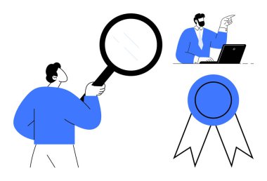 Büyüteçle analiz yapan, dizüstü bilgisayarda tartışan ve ödül kurdelesi takan bir adam. Liderlik, değerlendirme, araştırma, tanıma, takım çalışması, eğitim rehberliği için ideal basit bir daire