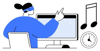 Müzik notası ve saat grafikleriyle çevrili dijital ekrana doğrultulmuş VR kulaklık takan biri. Teknoloji, yaratıcılık, üretkenlik, yenilik, öğrenme, zaman, dijital etkileşim için ideal