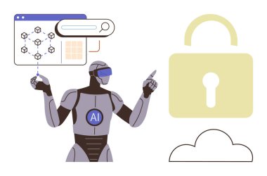 Yapay zeka robotu, ağ görselleştirmesi ile bir kilit ve buluta yakın etkileşim içinde. Siber güvenlik için ideal, yapay zeka teknolojisi, veri koruması, gelecek teknolojisi, dijital güvenlik, şifreleme, basit düz