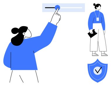 Sürgülü ile etkileşim halinde olan bir kadın, belgeyi tutan figür, güvenliği simgeleyen işaretli kalkan. Çalışma, ayar, güvenlik, yönetim, mahremiyet, HR düz görsel metafor için ideal