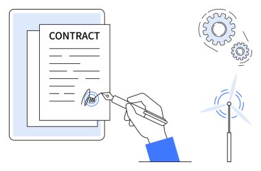 Dijital tablet için el imzası sözleşmesi, yeşil enerjiyi sembolize eden rüzgar türbini ve takım çalışması için vites. Enerji anlaşmaları, hukuki işler, yenilik, sürdürülebilirlik ve ortaklıklar için ideal