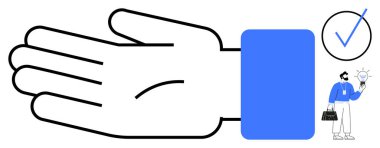 Odaklanmak için mavi kollu açık bir el, yanında parlak bir ampul ve dairesel bir işaret taşıyan küçük bir profesyonel figür var. Rehberlik, takım çalışması, güven, fikirler, onay, liderlik için ideal