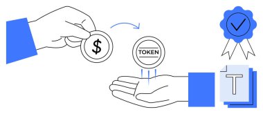 Sertifika işaretiyle yapılan alışverişi sembolize etmek için bir dolar teklif edildi. Finans, kripto para birimi, ödeme, ticaret, sertifika, engelleme zinciri ve basit iniş sayfası için ideal