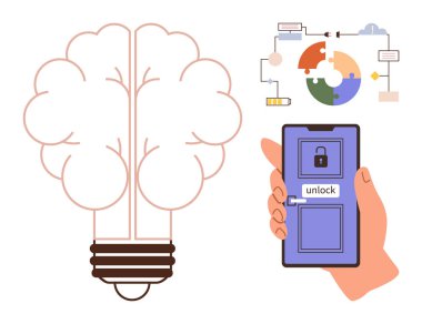 Beyin şeklindeki ampul, açık ekran ile el ele tutuşan akıllı telefon ve bulmaca akış şeması. Yenilik, problem çözme, teknoloji, yaratıcılık, beyin fırtınası, dijital arayüz eğitimi için ideal