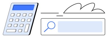 Bir arama çubuğunda büyüteç ve bulut şekillerinin yanında hesap makinesi. Finans, veri, teknoloji, çevrimiçi araçlar, bulut hesaplama, eğitim, iş analizleri için ideal, basit iniş sayfası
