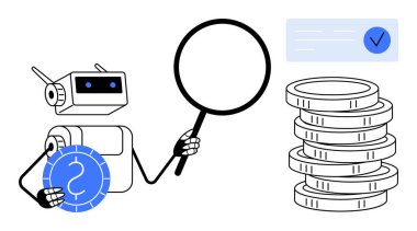 Robot şifreli para jetonu ve istiflenmiş paraların yanında büyüteç ve dijital kontrol işareti tutuyor. Finans, otomasyon, kripto para birimi, blok zinciri, fintech, yapay zeka için ideal