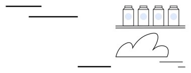 Basit bir bulut grafiğinin üstündeki raflarda süt kutuları var. Depolama, organizasyon, bulut teknolojisi, minimalizm, verimlilik, yaratıcı kavramlar ve basit bir iniş sayfası için ideal