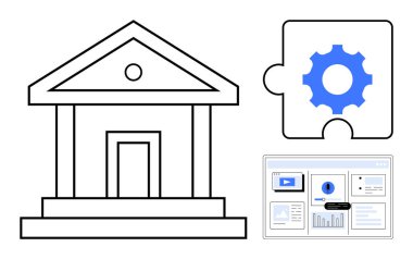 Vites bulmacası parçası ve web arayüzü ekranlı hükümet yapısı. Yönetim, teknoloji, entegrasyon, yenilik, yazılım, kamu hizmetleri, yönetim hakkında fikirler için idealdir. Basit düz metafor