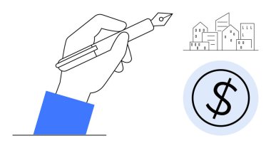 El ele tutuşmayı öneren kalem, şehir silueti ve dolar işareti finans, emlak, sözleşmeler, ekonomi, planlama, işlemler, anlaşmaları sembolize ediyor. Modern iş konsepti için ideal