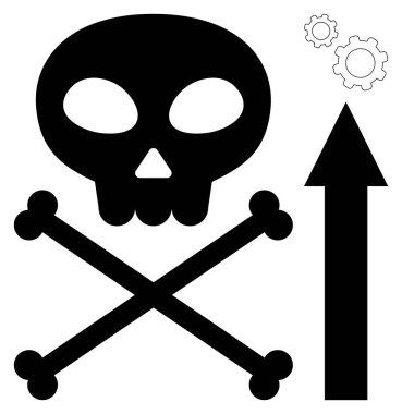 Kafatası ve çapraz kemikler yukarı bakan ok ile birlikte risk, tehlike, büyüme, dikkat, yenilik, uyarı ve süreç yönetimini sembolize eder. Uyarı ve güvenlik işaretleri için ideal