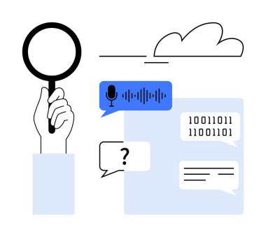 Konuşma baloncukları, ses dalgaları, ikili kod ve bulut içeren büyüteç. Teknoloji, iletişim, yapay zeka, veri işleme, konuşma-metin araştırması için ideal. Basit düz