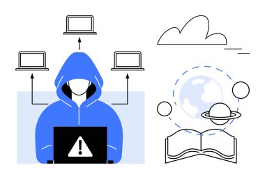 Kapüşonlu bir bilgisayar korsanı. Uyarı ikonlu dizüstü bilgisayar kullanıyor. İnternete bağlı dizüstü bilgisayarlar, bulut, dünya ve açık kitap kullanıyor. Siber güvenlik, hackleme, eğitim, veri hırsızlığı için ideal online risk internet güvenliği basit bir daire