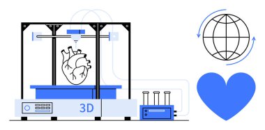 Gelişmiş 3D yazıcı, yanında küresel bağlantı ve kalp sembolleri olan insan kalbi üretiyor. Tıbbi yenilik, teknoloji, sağlık, fütürizm, sürdürülebilirlik, bilim, basit iniş sayfası için ideal
