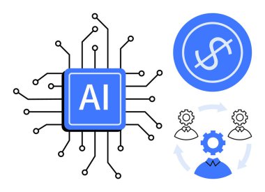 Merkezi yapay zeka çipi devrelerle, dolar işareti finans simgesi, takım çalışmasını temsil eden kullanıcılara sahip vitesler. Teknoloji, yapay zeka, finans, yenilik, veri ekip çalışması otomasyon kavramları için idealdir. Basit.
