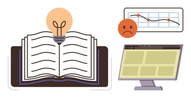 Ampullü kitabı aç, üzgün suratlı, grafiksel eğilimli ve bilgisayar ekranlı. Eğitim, yenilik, hata analizi, dijital projeler, öğrenme, basit düz metafor planlama için ideal