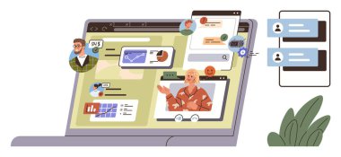 Çeşitli takım avatarlarıyla video görüşmeleri, mesajlaşma, dosya paylaşımı ve grafiklerin yer aldığı dizüstü bilgisayar ekranı. Takım çalışması, uzaktan işbirliği, sanal toplantılar, üretkenlik, iletişim için ideal