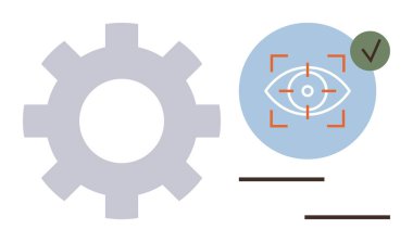 Göz odaklı grafiğinin yanında optimizasyon, görsel odak ve doğrulamayı temsil eden işaretli bir vites sembolü. Teknoloji, üretkenlik, tasarım, kalite, strateji planlaması için ideal