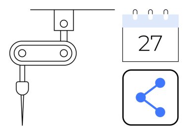 İğneli robot kol, ayın 27 'sini vurgulayan takvim ve bir paylaşım simgesi. Üretkenlik, otomasyon, yenilik, iş akışı yönetimi, zamanlama, teknoloji ve basit bir iniş sayfası için ideal