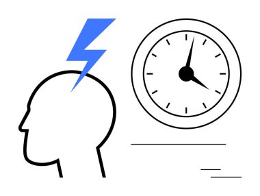 Zaman yönetimi ve aciliyeti sembolize eden, saatin yanında yaratıcılığı veya içgörüyü simgeleyen yıldırımlı insan kafası. Beyin fırtınası, verimlilik, karar verme, verimlilik, odaklanma için ideal