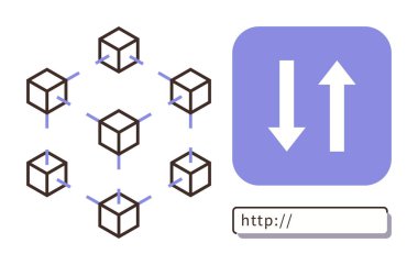 Birbirine bağlı engelleme düğümleri, veri alışverişini simgeleyen oklar ve bir web adresleri alanı. Ağ, engelleme zinciri, ademi merkeziyet, veri transferi, teknoloji, İnternet geliştirme temaları için ideal