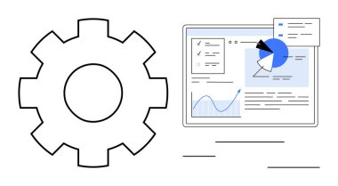 Veri gösterge paneliyle eşleştirilmiş dişli simgesi çizelgeler, grafikler ve raporlar içeriyor. Veri analizleri, iş akışı yönetimi, sistem optimizasyonu, teknik çözümler, iş zekası, dijital araçlar için ideal