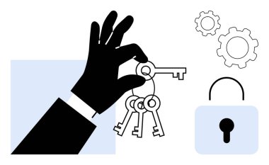 El ele tutuşmalar, kilit sembolleri, sistem işlemleri ve erişim kavramları için vitesler. Güvenlik, siber güvenlik, sistem verimliliği, erişim kontrolü, iş stratejisi, basit sorun giderme