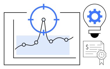 Hedef odaklı büyüme tablosu, yenilik, sertifika ve ROI kavramını sembolize eden dişli ampul. Analiz, iş stratejisi, yenilik, planlama, ROI sertifikası için ideal başarı