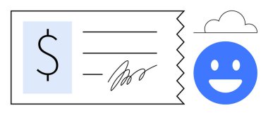 Dolar işaretli ödeme makbuzu, el yazısı imzası ve rahatlığı sembolize eden mutlu yüz. Finans, e-ticaret, dijital ödemeler, müşteri memnuniyeti, çevrimiçi işlemler, fintech