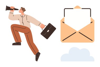 Elinde bir evrak çantası ve teleskopla büyük bir zarfa doğru ilerleyen bir iş adamı. Ticari iletişim, pazarlama stratejileri, e-posta kampanyaları, hedef başarı, planlama, yenilik için ideal