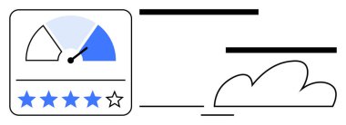 Soyut bulut simgesinin yanında iğne ve yıldız derecelendirme sistemi ile performans göstergesi. Müşteri memnuniyeti, performans takibi, inceleme analizi, kullanıcı geribildirimi, değerlendirme, kalite