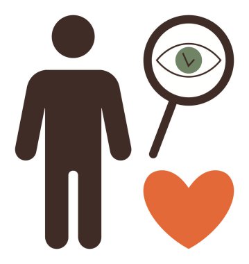 Bir büyüteç yanında kahverengi insan silueti bir göz ve kırmızı bir kalbe odaklanıyor. Sağlık, farkındalık, empati, gözlem, ilişkiler, refah ve insanlık kavramları için idealdir. Basit.