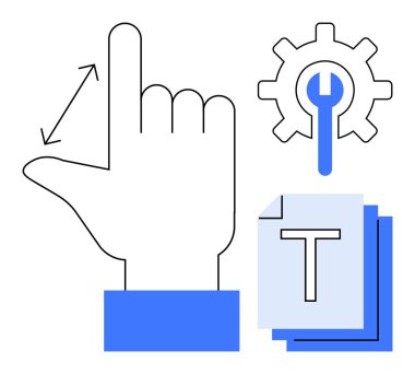 Oklarla el hareketi, ingiliz anahtarı ve istiflenmiş belgeler. Teknoloji, kullanıcı arayüzü, özelleştirme, araç kurulumu, dosya yönetimi, dijital çalışma alanı basit iniş sayfası için ideal