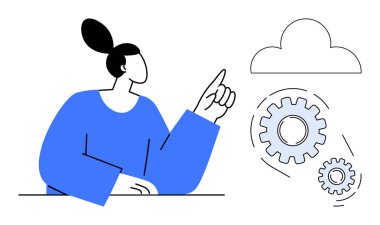 Birbirine bağlı dişli kavramına sahip bir buluta doğru hareket eden kadın, takım çalışması, teknoloji, yenilik, bulut hesaplaması, problem çözme, iş akışı yönetimi ve basit bir yaratıcılığı temsil ediyor