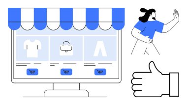 Monitörde dijital mağaza vitrininde giysi eşyaları, el çantası ve araba simgeleri gösteriliyor. Kadın figürü ve baş parmak hareketi kullanıcı etkileşimini öneriyor. E-ticaret için ideal, çevrimiçi perakende, alışveriş, dijital