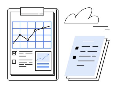 Panodaki grafik ve kontrol listesi yukarı doğru eğilimli, yüzen dokümanlar, soyut bulut. Üretkenlik, iş planlaması, analiz, ilerleme izleme, proje yönetimi, veri paylaşımı için ideal