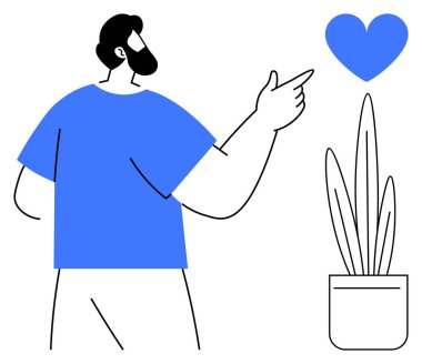 Mavi gömlekli sakallı adam saksıdaki uzun yapraklı bitkinin yanında yüzen kalbi işaret ediyor. Kişisel bakım için ideal, ilişkiler, doğa bağlantısı, farkındalık, nezaket, duygusal refah, basit iniş