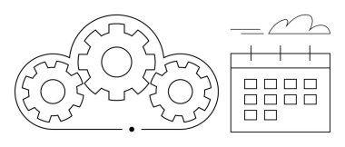 Takvimin yanında üç vites bulunan birbirine bağlı bulut takım çalışmasını, otomasyonu ve zaman yönetimini sembolize eder. Planlama, zamanlama, bulut depolama, iş akışı, üretkenlik, otomasyon için ideal