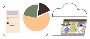 Turta tablosu ve liste, bir bulut örtüsü altında siber güvenlik unsurlarını gösteren dizüstü bilgisayarla eşleştirilmiş analitikleri temsil ediyor. Teknoloji, veri koruması, bulut hesaplaması ve yenilik için ideal