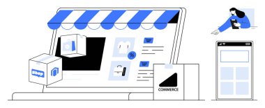 Depo önü güneşlikli dizüstü bilgisayar, alışveriş simgeleri, dağıtım kutusu, mobil uygulama arayüzü ve müşteri etkileşimi. E-ticaret, çevrimiçi alışveriş, dağıtım hizmetleri, iş tanıtım mobil uygulamaları için ideal