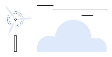 Rüzgar türbini, tek bir bulut ve minimalist çizgilerle güç üretiyor. Sürdürülebilirlik, yenilenebilir enerji, çevre bilinci, modern tasarım, eko-teknoloji, temiz enerji, basit düz enerji