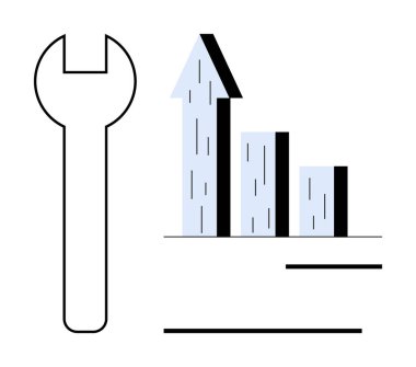 Çubuk çizelgesinin yanına, yukarı doğru ok atarak büyümeyi, performansı ve stratejiyi sembolize et. İş, analitik, onarım, strateji, üretkenlik, başarı ve basit iniş sayfası için ideal