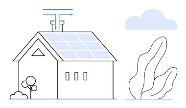 Güneş paneli çatısı olan küçük bir ev, hava akışı sembolleri, ağaçlar, bulut ve soyut bitki. Sürdürülebilirlik için ideal, yeşil enerji, yenilenebilir kaynaklar, çevre dostu yaşam tarzı temiz teknoloji