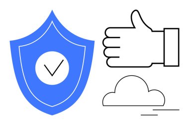 İşaretli mavi kalkan, işaretli işaret ve minimalist bulut çizimi. Güvenlik, güvenilirlik, bulut teknolojisi, onaylar, çevrimiçi hizmetler ve basit bir iniş sayfası için ideal