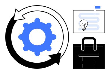 Ampul yol haritası ve evrak çantasının yanında okları olan dairesel teçhizat. Üretkenlik, yenilik, iş akışı, strateji, çözüm, metodoloji ve süreç için idealdir. Basit düz metafor
